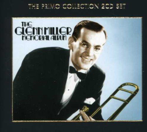 "CD cover with Glenn Miller in tuxedo holding trombone, dark blue background."