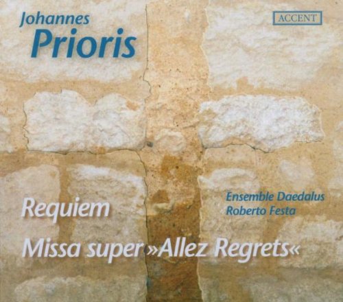 "CD cover with cracked stone texture, featuring 'Johannes Prioris' in blue and 'Requiem' in white."