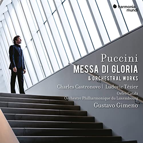 CD cover: Man on stairs, text “Puccini: Messa Di Gloria” visible.