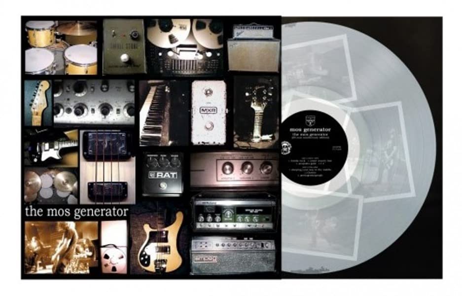 Collage of musical equipment and a translucent vinyl record.