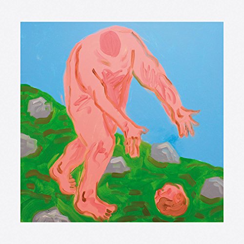 The image depicts a pink human figure bending over on a grassy hill.