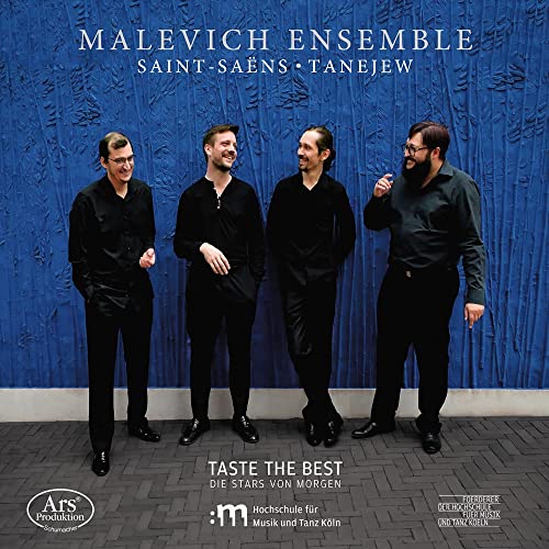 CD cover featuring four men in black against a blue textured background.