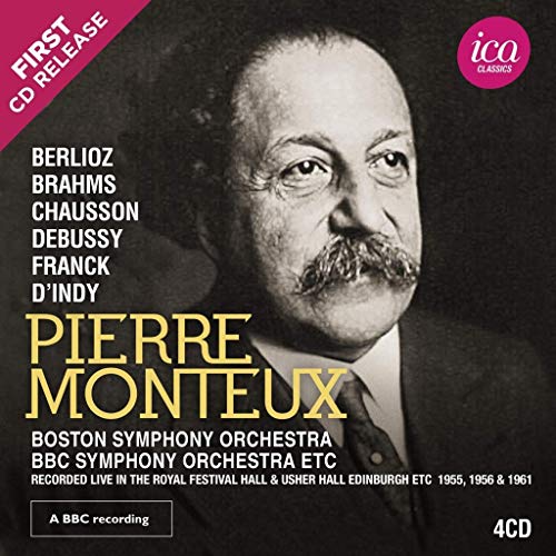 A black-and-white portrait of Pierre Monteux on a CD cover with text overlay.