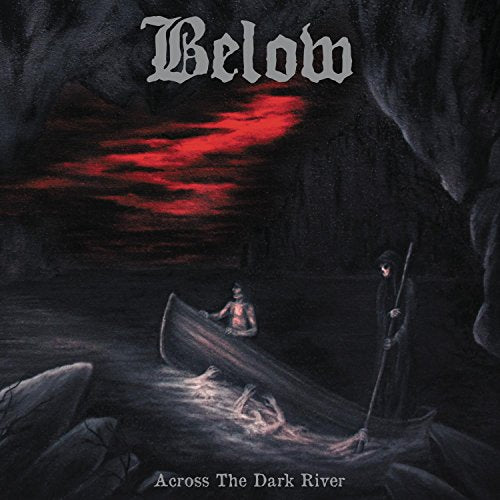 Dark album cover with a boat on a river and red cloudy sky.