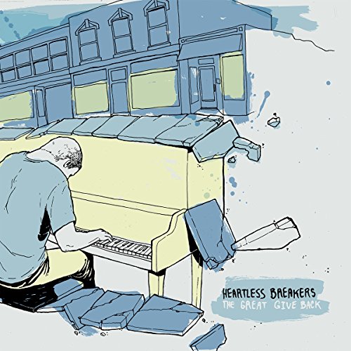 "Vinyl record cover featuring a man playing a broken piano in front of a building."