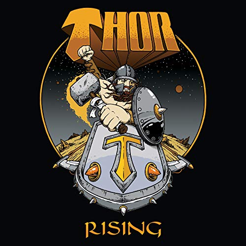 "Album cover art featuring cartoon Thor holding a hammer and shield, on black background."