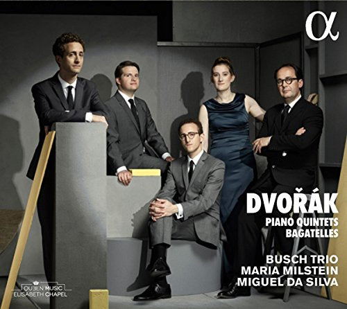"CD cover featuring five musicians in formal attire posing on gray platforms."