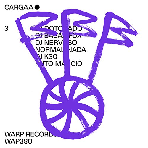 Purple abstract illustration of a wheeled vehicle with artist names listed.