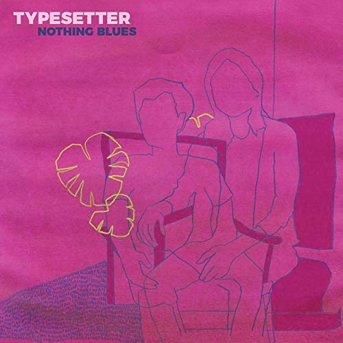 The image depicts a pink album cover with a line drawing of two people sitting.