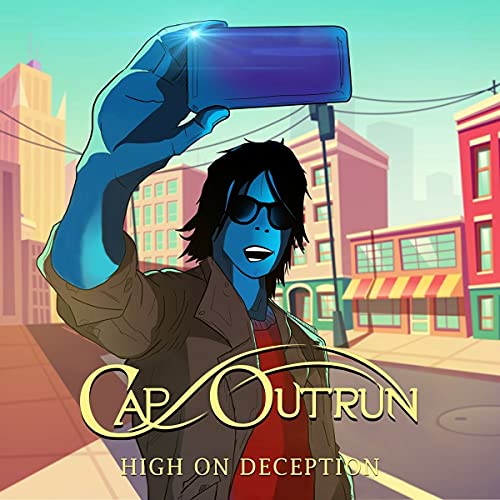 Blue illustrated man taking a selfie in a city street.