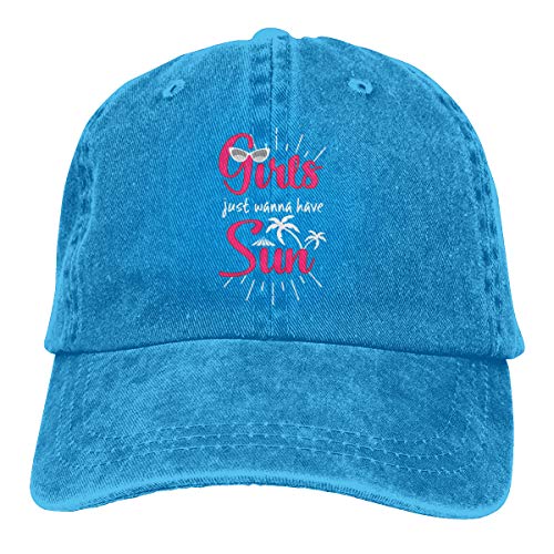 Blue baseball cap with embroidered sunglasses, palm trees, and text.