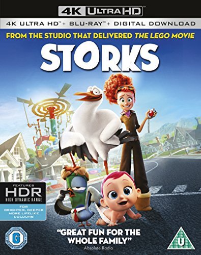 Storks" Blu-ray cover featuring cartoon storks, a baby, and a colorful cityscape.