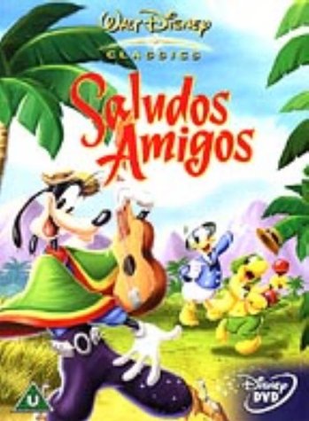 “Saludos Amigos” DVD cover featuring Disney characters and palm trees.