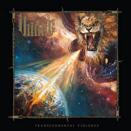 CD cover: roaring lion, planet Earth, and cosmic nebula background.
