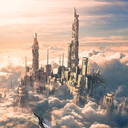 Fantasy cityscape rising from clouds, with a bird in foreground.