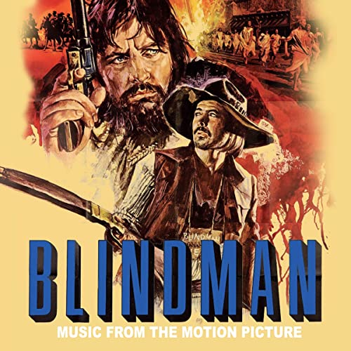 Vintage film poster for "Blindman" with cowboys, guns, and fiery background.