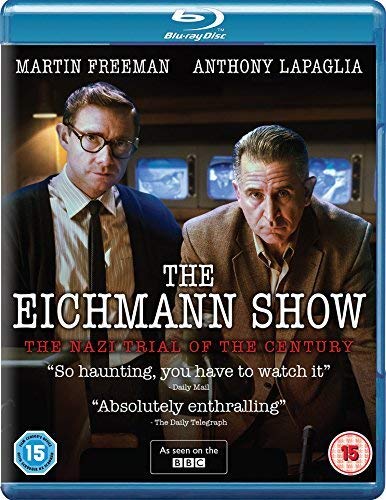 Blu-ray cover for "The Eichmann Show" featuring two men in suits.