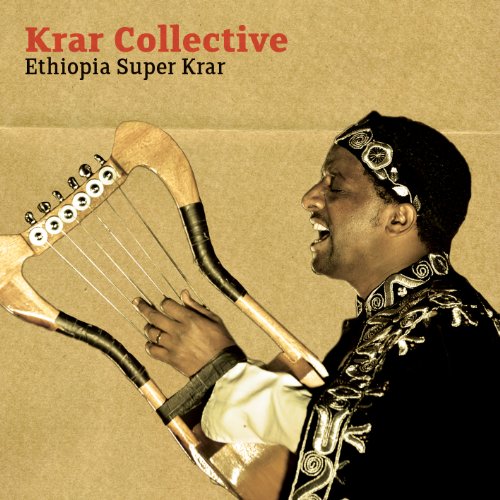 Musician playing a stringed instrument, the krar, with a patterned headwrap.
