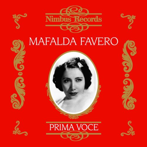 Red album cover with gold designs, featuring a black and white portrait of Mafalda Favero.