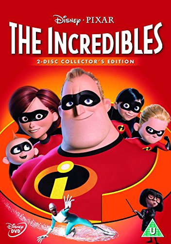 Mr. Incredible wearing a black eye mask on a red background DVD cover.
