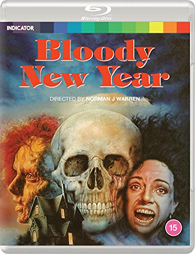 Bloody New Year" Blu-ray cover featuring a skull, faces, and a haunted house.