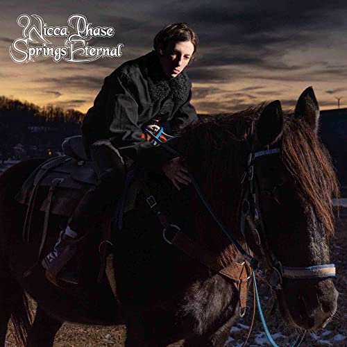 Person riding a dark horse in a wintry, atmospheric landscape.