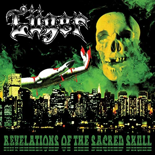 Album cover: Luger, skull, cityscape, and a metallic hand with dripping red liquid.