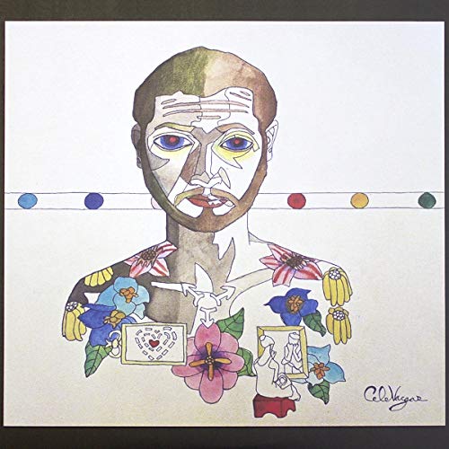Abstract portrait of a man with flowers and framed images.