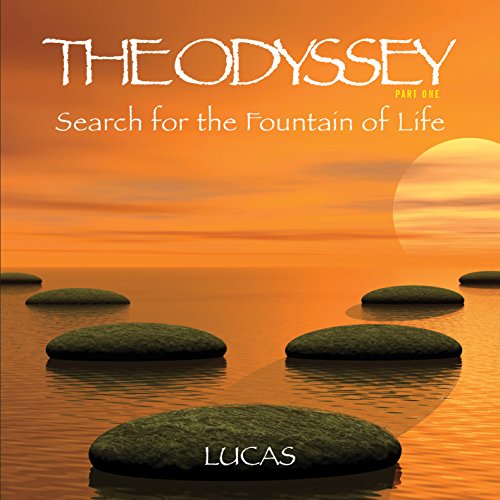 "CD cover art: serene lake with stepping stones at sunset, titled 'The Odyssey' by Lucas."