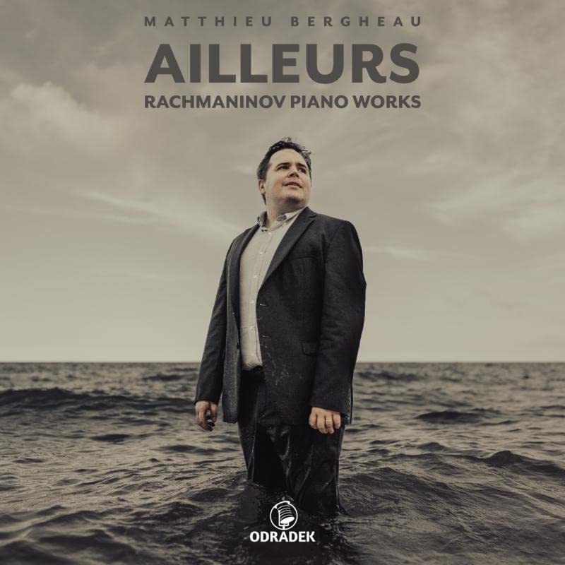 CD cover featuring pianist Matthieu Bergheau standing in water.