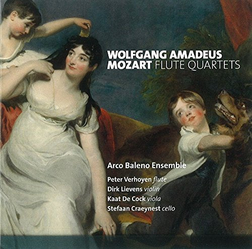 CD cover: classical painting of figures, text “MOZART: Flute Quartets”.