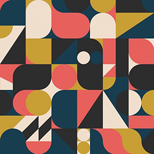 Abstract geometric shapes in shades of red, gold, black, and cream.