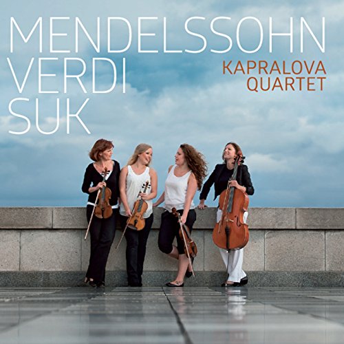 "CD cover with four women holding string instruments against a cloudy sky."
