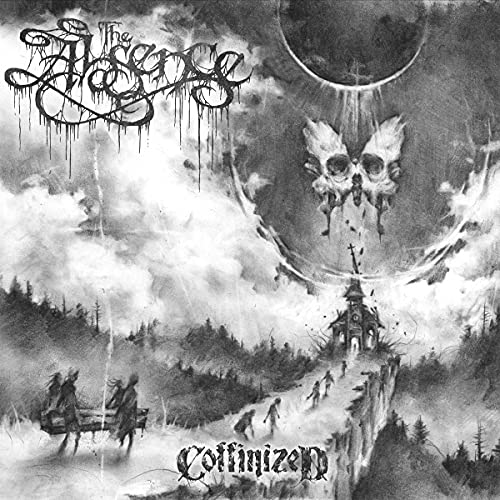 Black and white album cover with skull, church, and figures in a landscape.