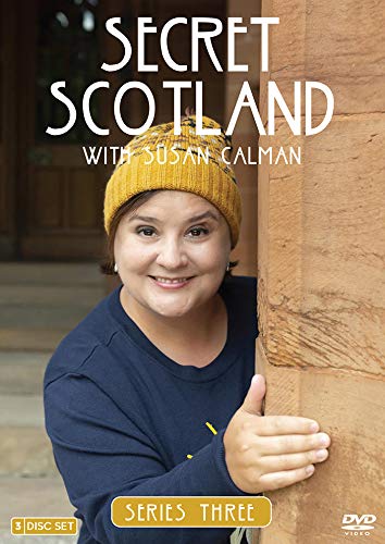 Susan Calman smiles, peeking from behind a stone pillar, DVD cover.