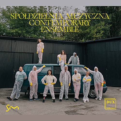 CD cover: group in protective suits pose on and around a van.