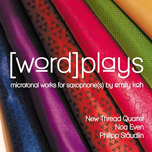 CD cover for “Word Plays” with colorful, patterned fabric stripes.