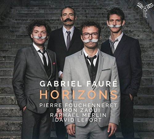 Four men in suits with fake mustaches, album cover for Horizons.