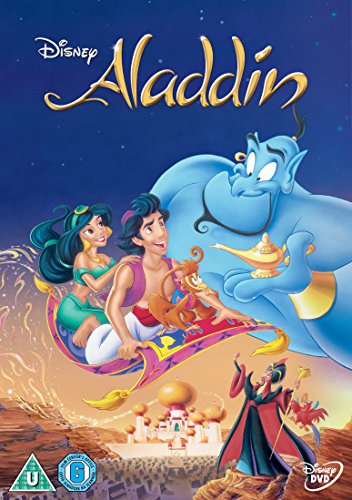 "Aladdin DVD cover featuring Aladdin in purple vest and white pants against purple background."