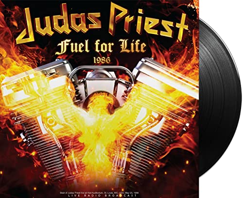 Judas Priest "Fuel For Life" vinyl record with fiery engine cover art.