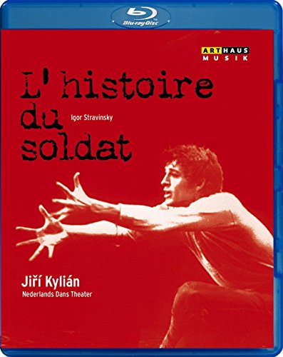 Blue-ray case cover with red background, dancer, and text "L'histoire du soldat".