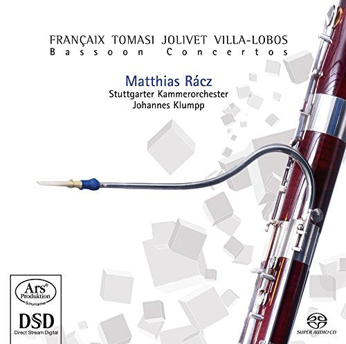 CD cover featuring a bassoon and composers’ names: Francaix, Tomasi, Jolivet, Villa-Lobos.