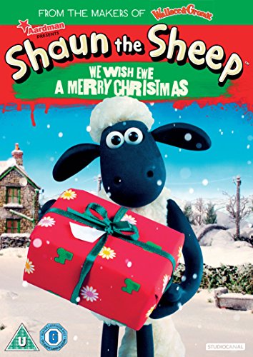 DVD cover featuring Shaun the Sheep holding a wrapped Christmas gift in a snowy scene.