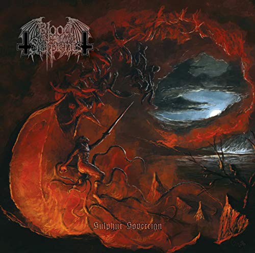 Dark, gothic album cover art with a hooded figure and fiery landscape.