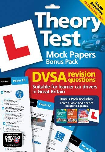 "Blue product cover with white text 'Theory Test Mock Papers Bonus Pack' and visible book pages."