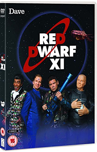 "Red Dwarf XI DVD case with four main characters and spaceship against a starry background."
