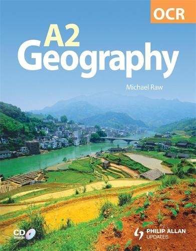 "Textbook cover with a serene landscape and 'A2 Geography' title, featuring a river and mountains."