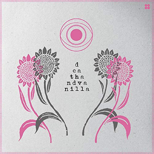 Album cover with two sunflowers and pink circular design on grey.