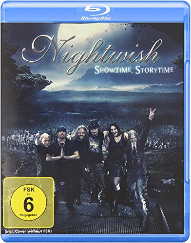 Nightwish band members standing on a stage under a large moon, Blu-ray cover art.