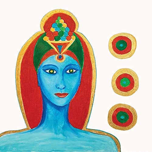 Painting of a blue-skinned woman with colorful, geometric headwear.